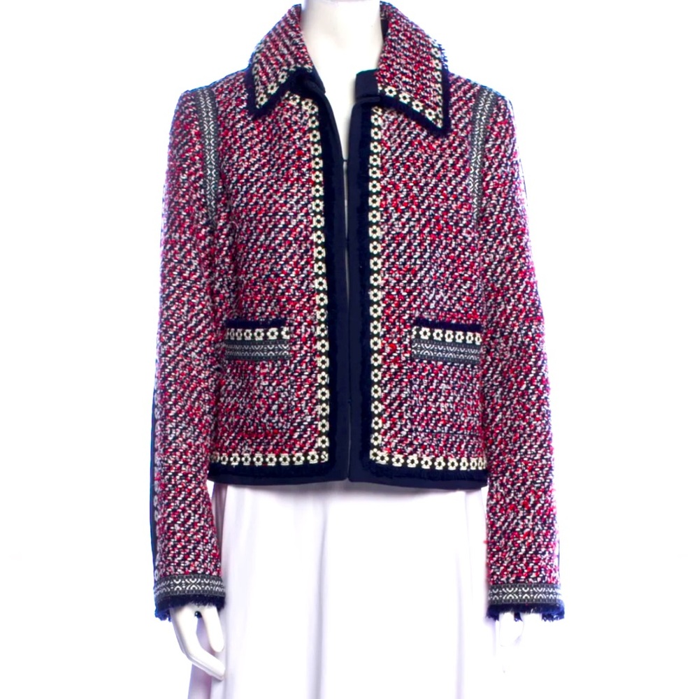 ST. JOHN Tweed Pattern Evening Zip Blazer Jacket RED/Blue Size S/P NEW